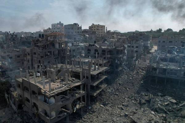 A view of the rubble of buildings hit by an Israeli airstrike, in Jabalia, Gaza strip, Wednesda ...