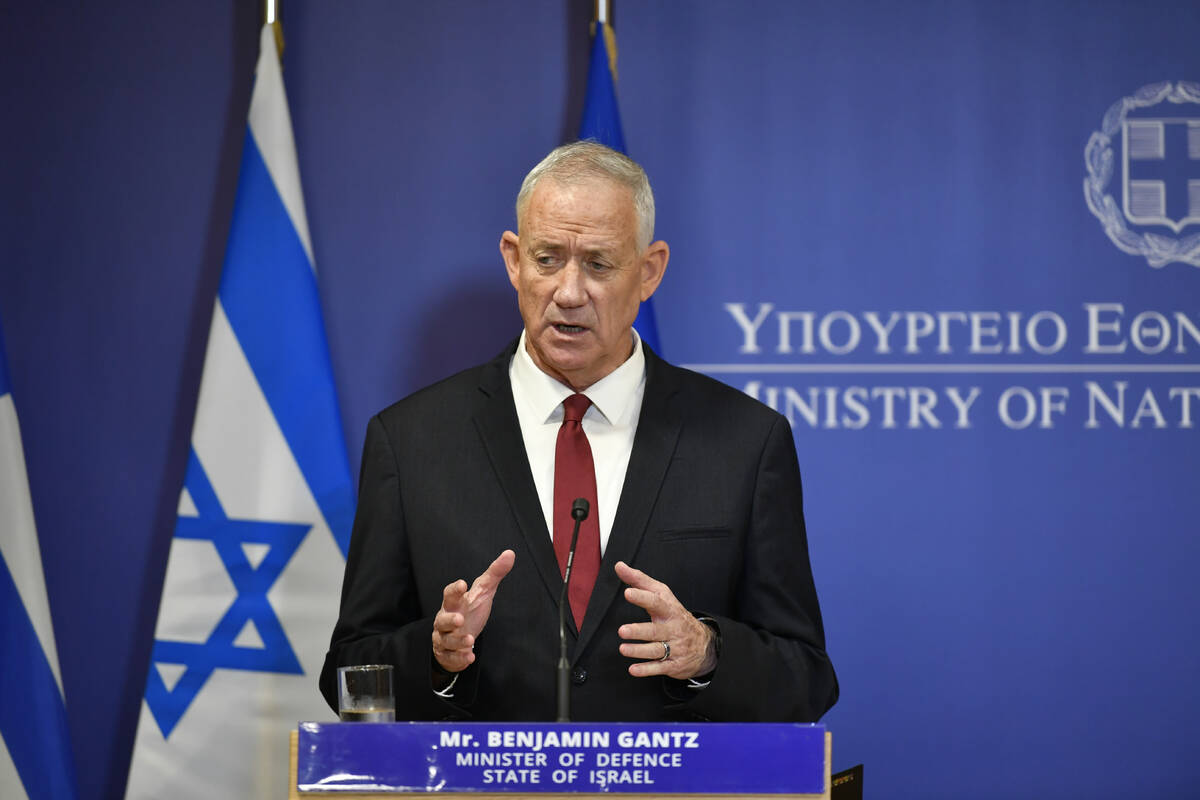 Then-Israeli Defense Minister Benny Gantz speaks during a press conference at the Greek Ministr ...