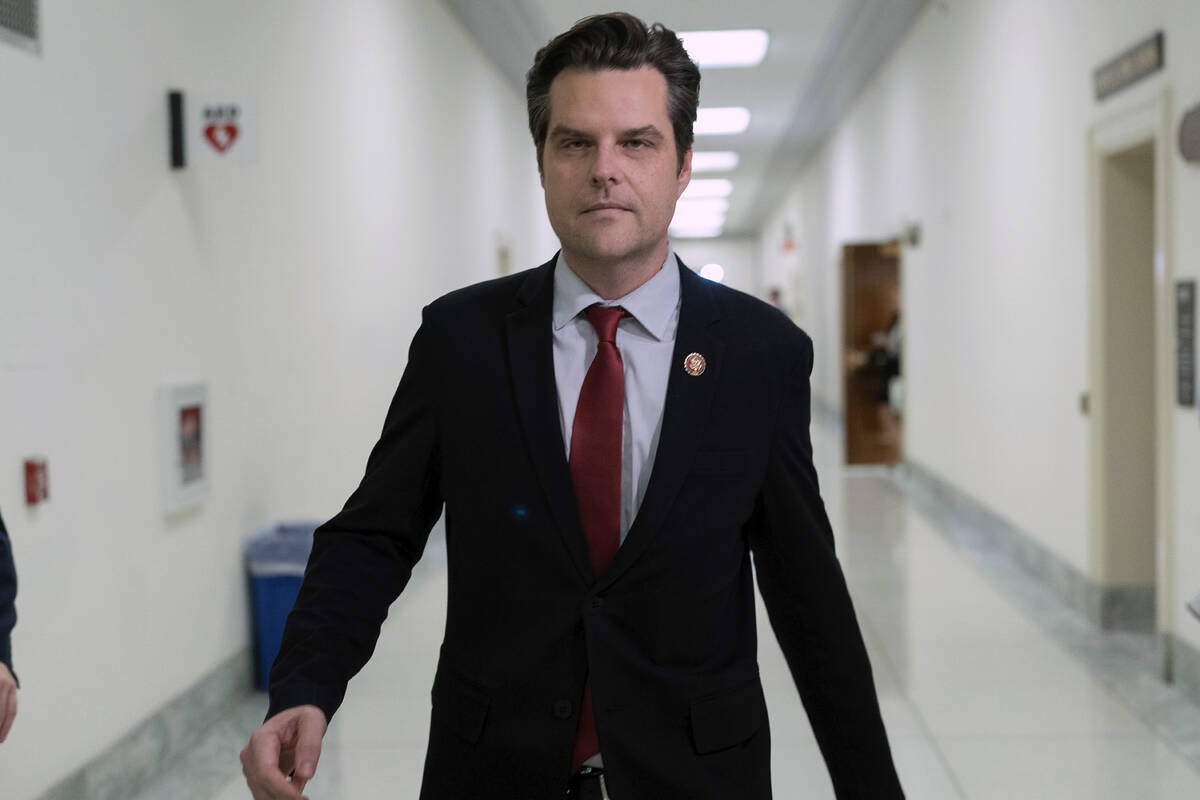 Rep. Matt Gaetz, R-Fla., leaves a meeting at the Capitol in Washington, Tuesday, Oct. 10, 2023. ...