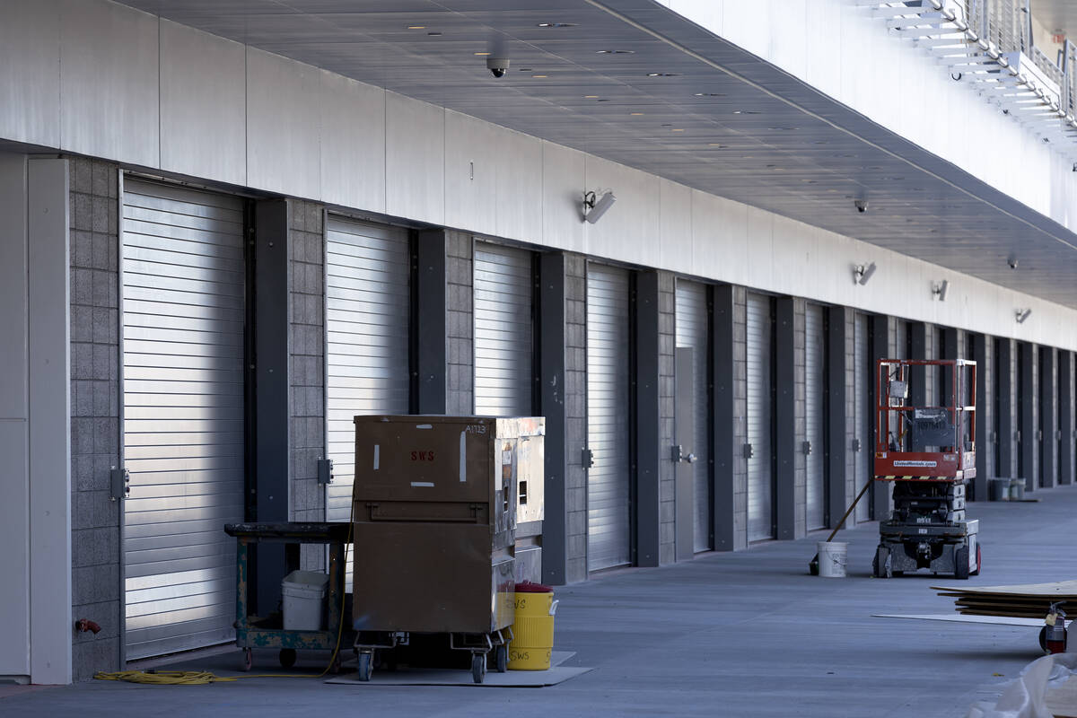 Garage doors line the track at the F1 Pit Building on Tuesday, Oct. 10, 2023, in Las Vegas. The ...