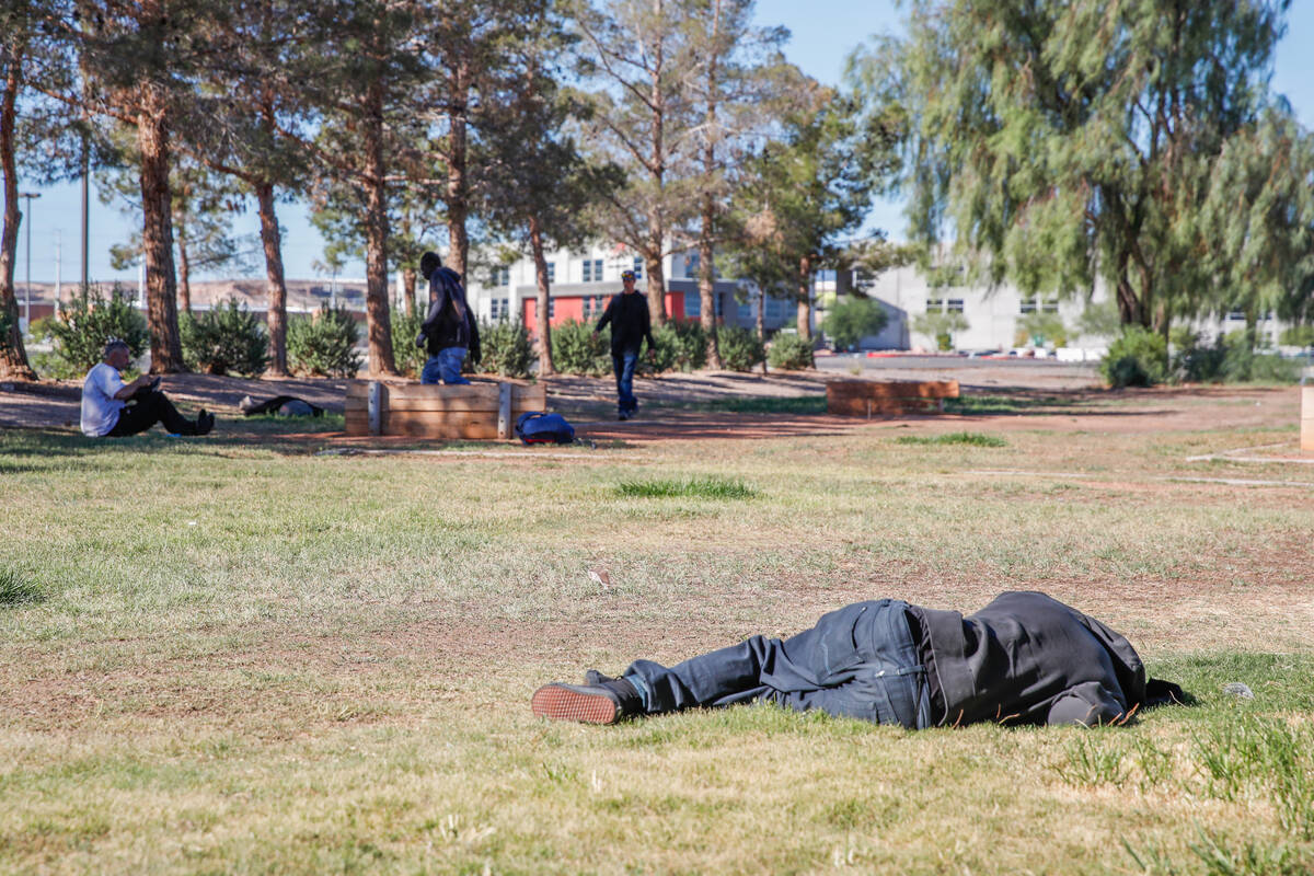 A person rests in the grass at the Russell Road Recreation Complex on Thursday, Oct. 12, 2023 i ...