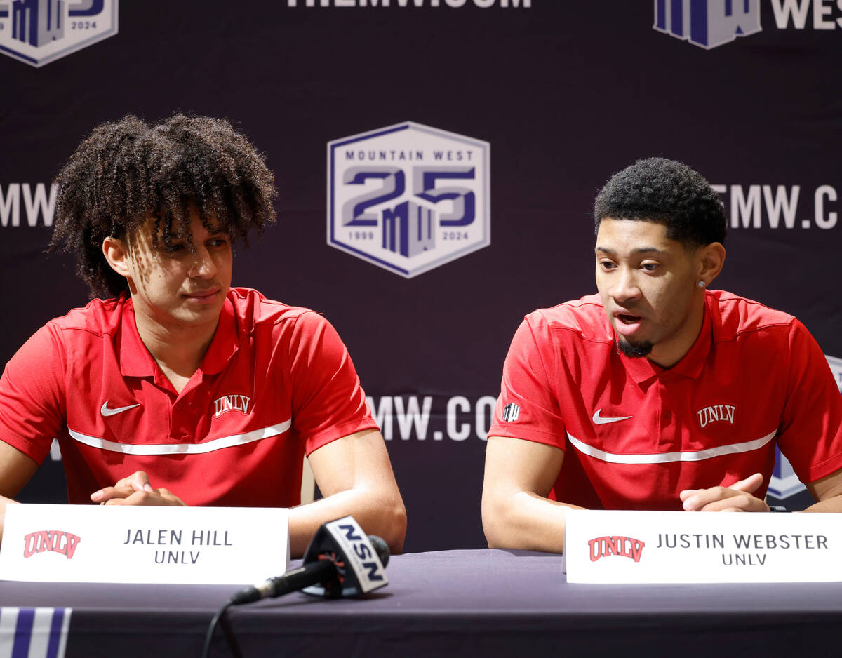 UNLV Rebels guard Justin Webster, right, speaks as forward Jalen Hill, looks on during Mountain ...