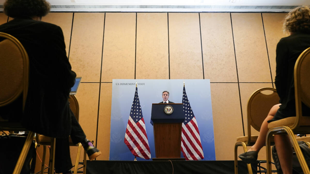 U.S. Secretary of State Antony Blinken speaks during a press conference Thursday Oct. 12, 2023, ...