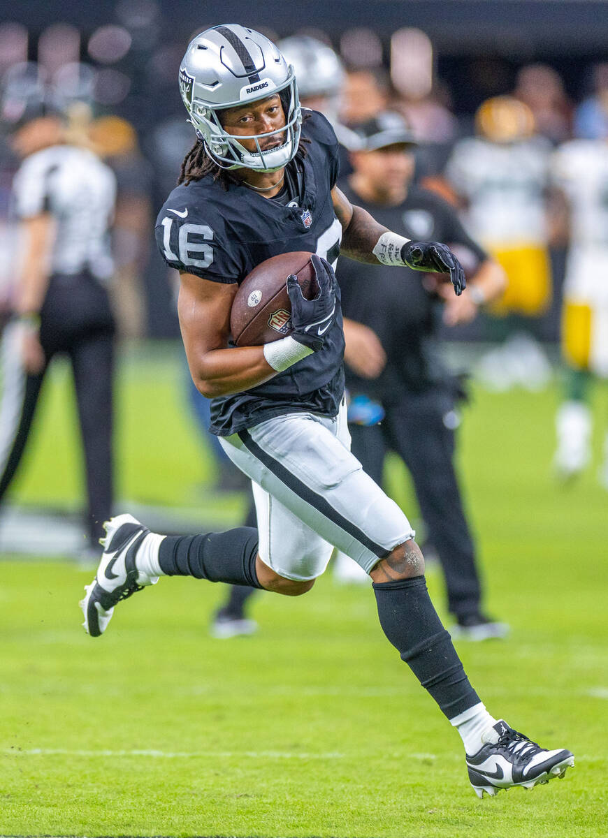 Raiders wide receiver Jakobi Meyers (16) runs after a reception during warm ups before facing t ...