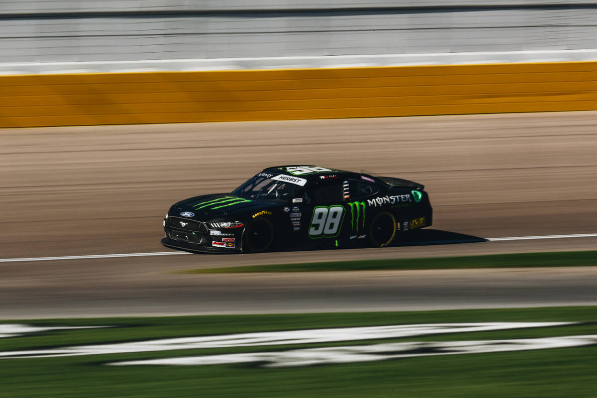 Riley Herbst races to the finish line for a first place finish during the NASCAR Xfinity Series ...