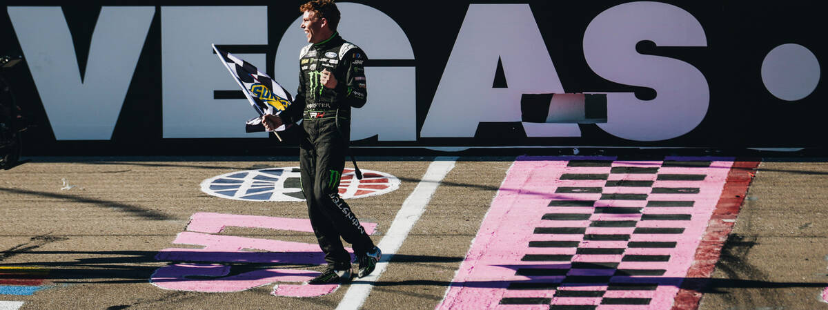 Riley Herbst celebrates winning first place in the NASCAR Xfinity Series race at the Las Vegas ...