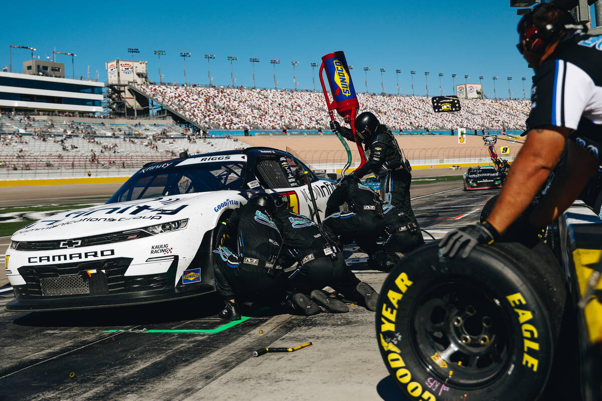 Layne Rigg’s pit crew works on his car during the NASCAR Xfinity Series race at the Las ...