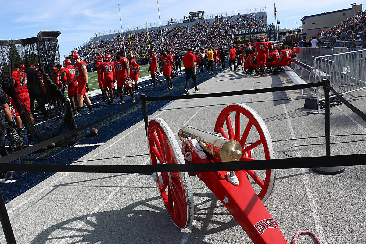 The Fremont Cannon sits over on the UNLV sideline at Mackay Stadium in Reno on Oct. 14, 2023. ( ...
