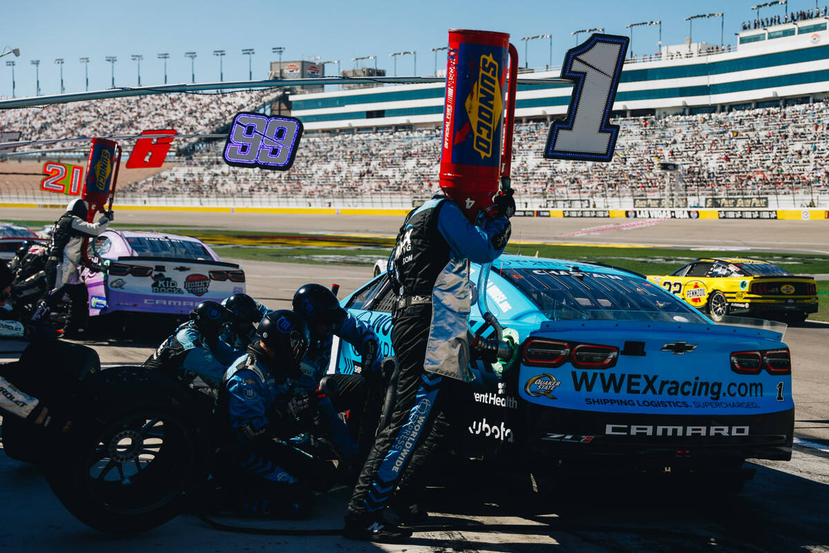 Ross Chastain’s pit crew works on his car during the South Point 400 at the Las Vegas Mo ...