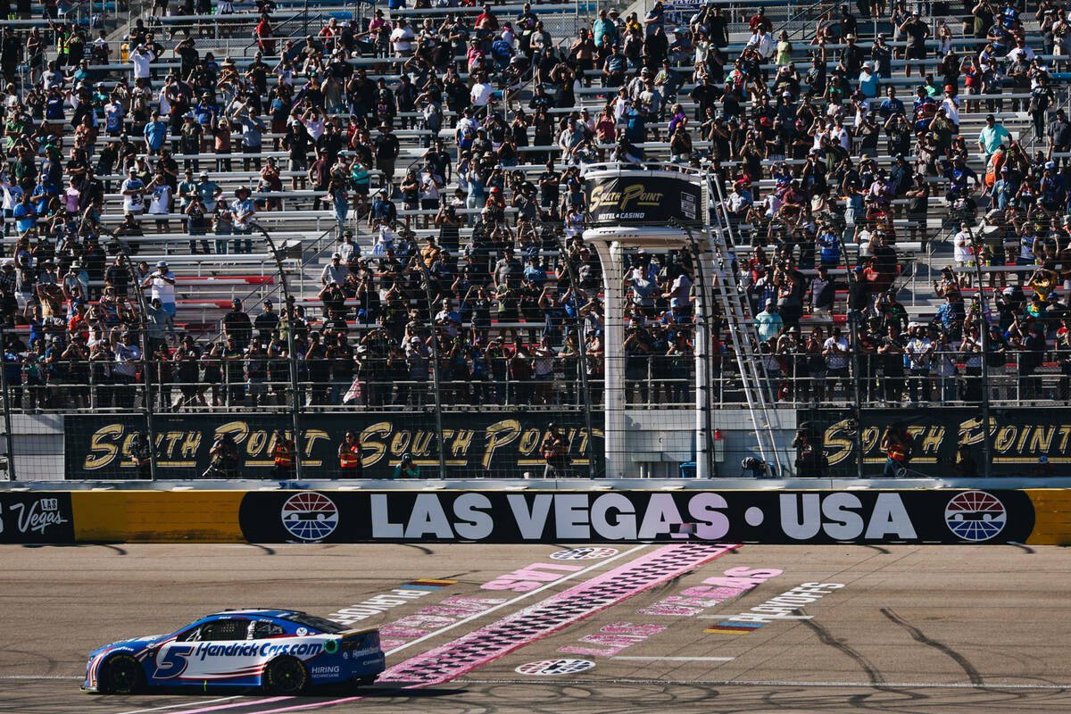 Kyle Larson celebrates winning the South Point 400 with a victory lap at the Las Vegas Motor Sp ...