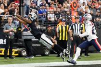 Las Vegas Raiders wide receiver Jakobi Meyers (16) dives but is unable to catch the ball during ...