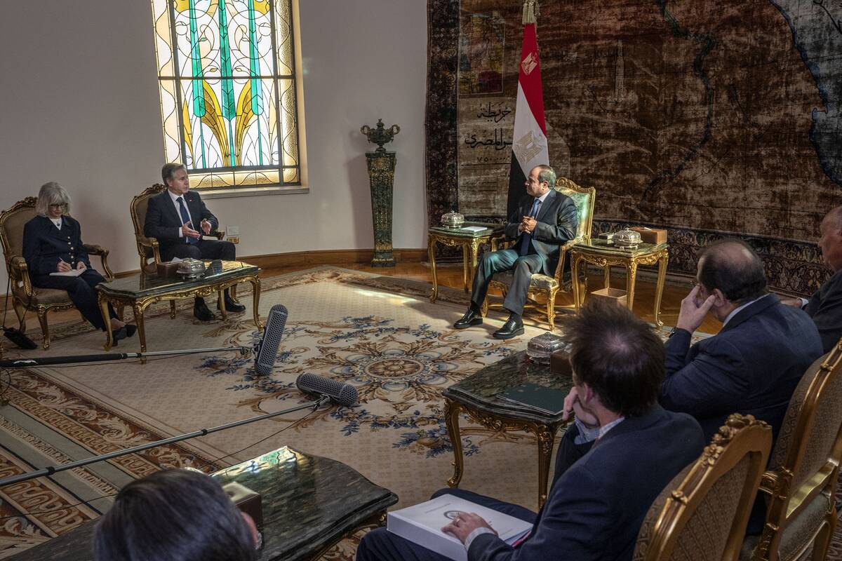 U.S. Secretary of State Antony Blinken, second left, meets with Egypt's President Abdel Fattah ...