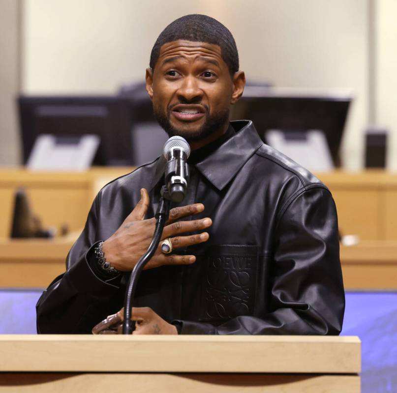 Usher speaks after receiving a key to the City of Las Vegas and a proclamation marking “Usher ...