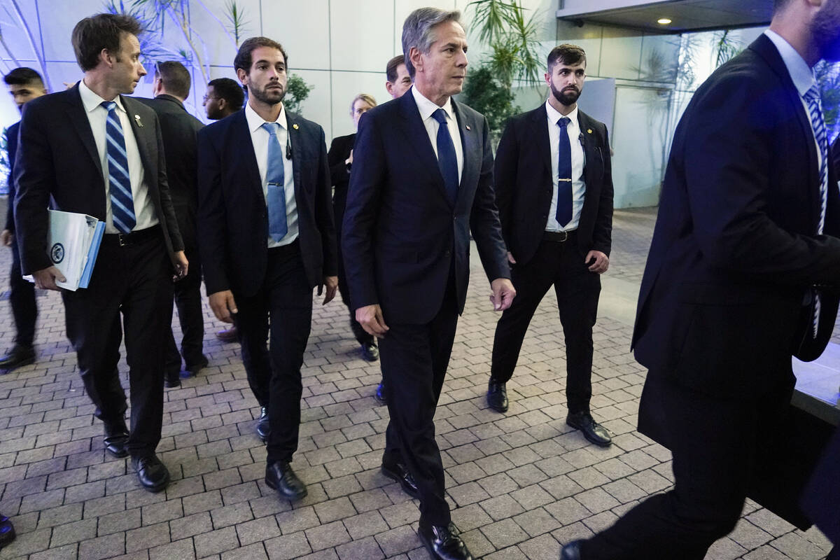 U.S. Secretary of State Antony Blinken arrives to make a brief statement to the media with Isra ...