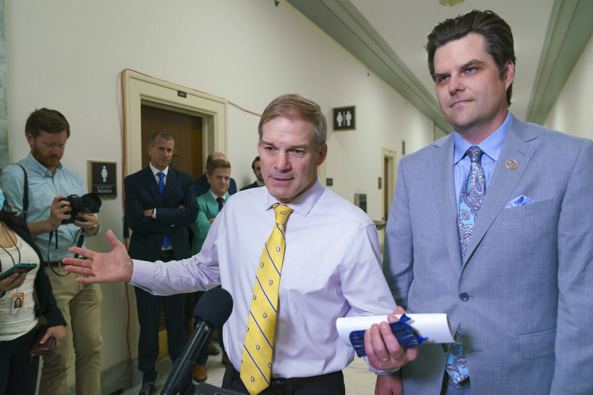 FILE - Rep. Jim Jordan, R-Ohio, left, and Rep. Matt Gaetz, R-Fla., speak to reporters after a h ...