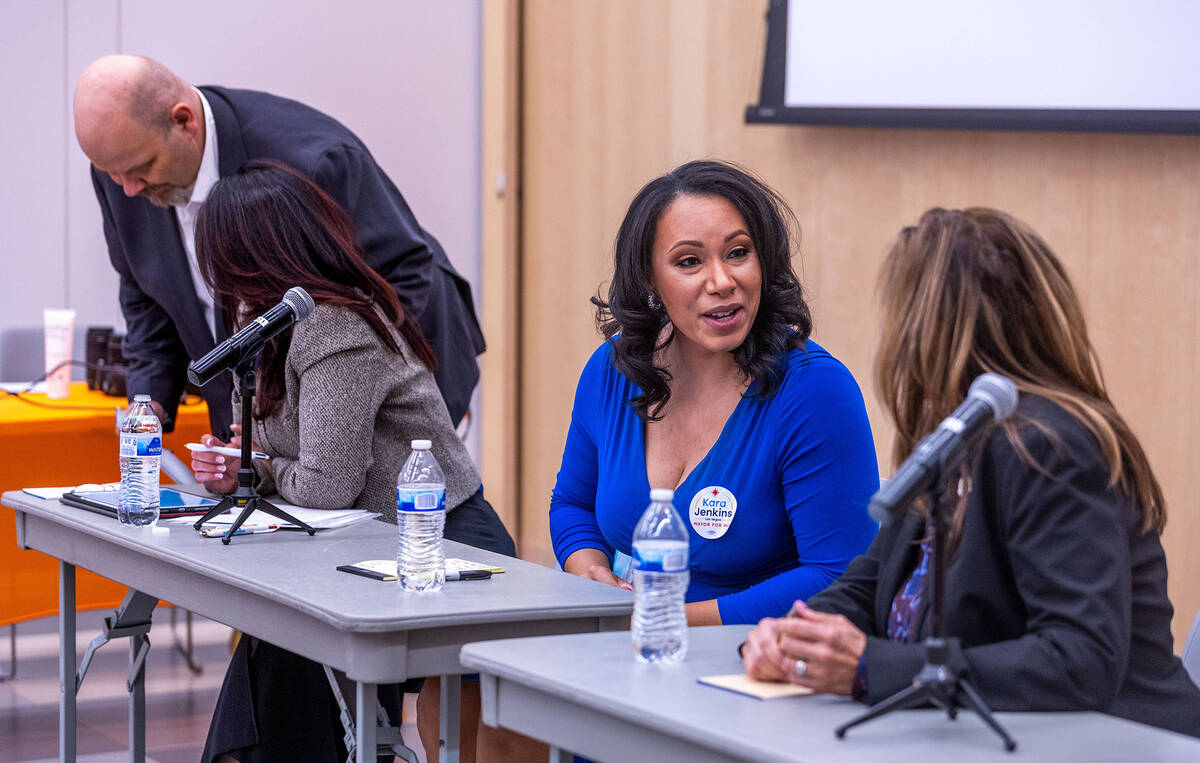 Kara Jenkins and Victoria Seaman speak during a forum at the East Las Vegas Library on Tuesday, ...