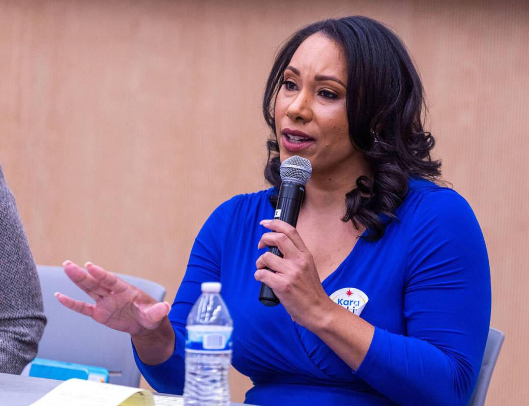 Kara Jenkins speaks during a forum at the East Las Vegas Library on Tuesday, Oct. 17, 2023, in ...