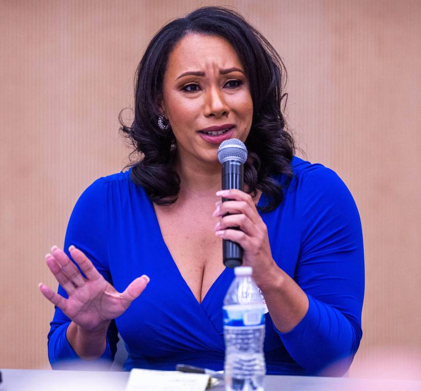 Kara Jenkins speaks during a forum at the East Las Vegas Library on Tuesday, Oct. 17, 2023, in ...