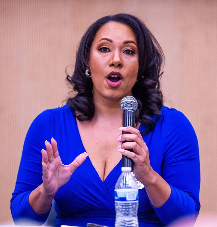 Kara Jenkins speaks during a forum at the East Las Vegas Library on Tuesday, Oct. 17, 2023, in ...