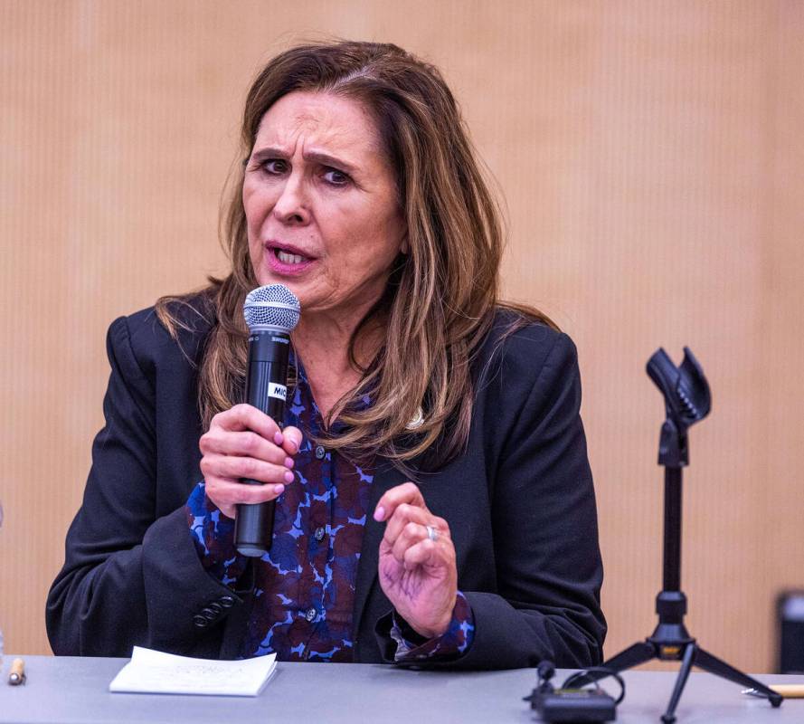 Victoria Seaman speaks during a forum at the East Las Vegas Library on Tuesday, Oct. 17, 2023, ...