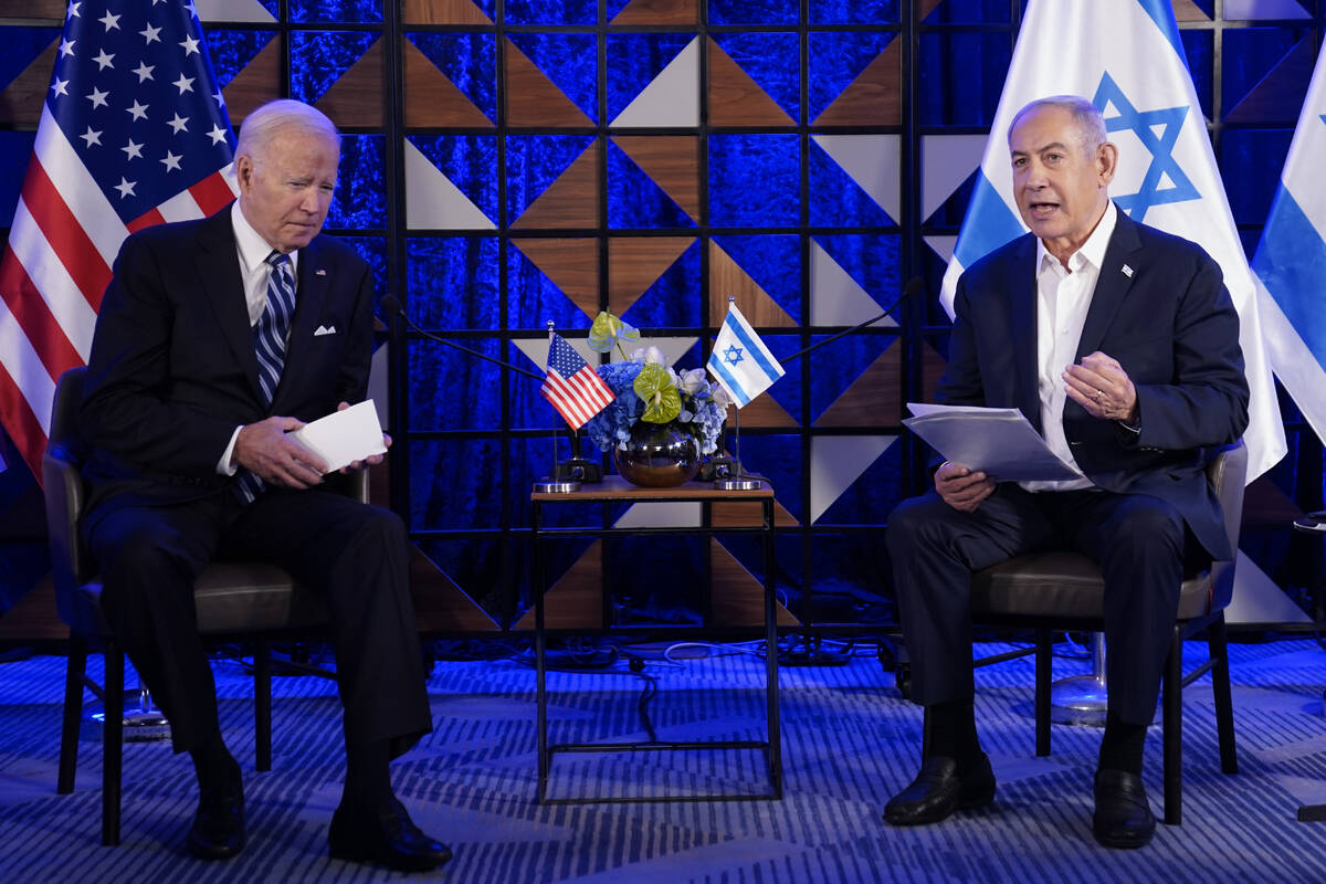 President Joe Biden meets with Israeli Prime Minister Benjamin Netanyahu, Wednesday, Oct. 18, 2 ...