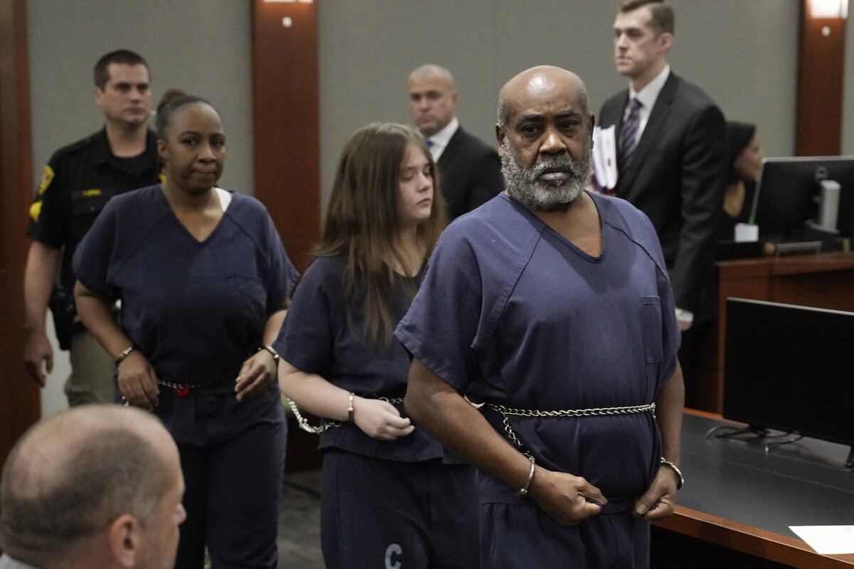 Duane “Keffe D” Davis, right, arrives in court Thursday, Oct. 19, 2023, in Las Ve ...