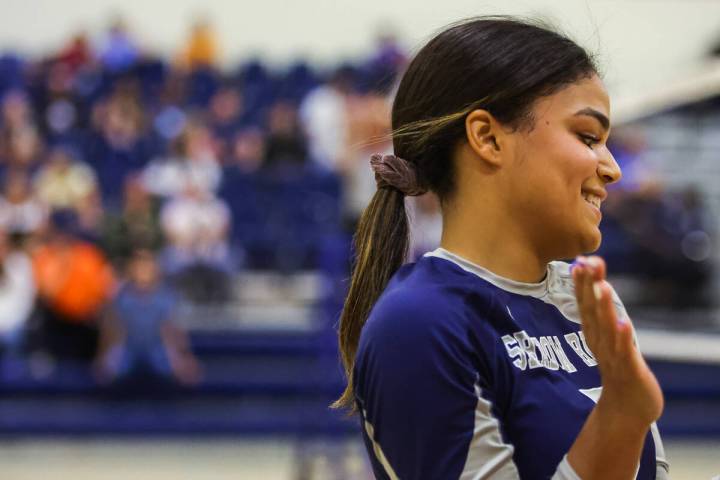 Shadow Ridge outside hitter Desirae Knoble smiles during a game against Bishop Gorman at Bishop ...