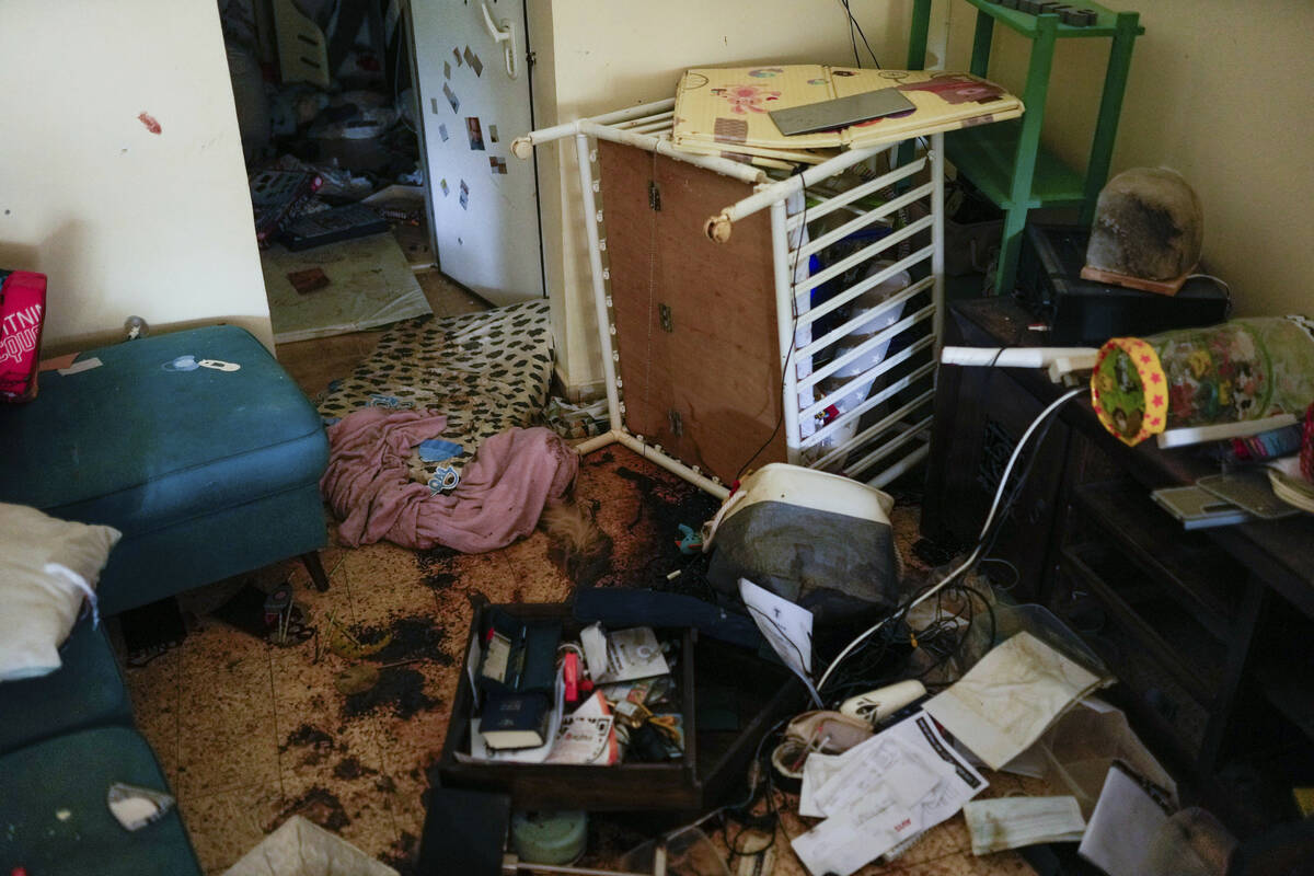 EDS NOTE: GRAPHIC CONTENT - Blood is seen splattered in a house following a massive Hamas milit ...