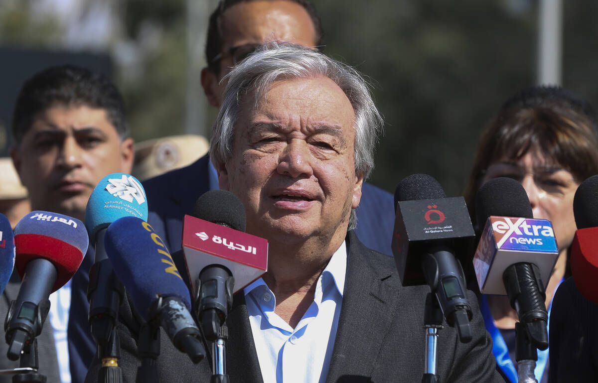 The U.N. Secretary-General Antonio Guterres speaks at the Rafah border crossing, Egypt, Friday, ...