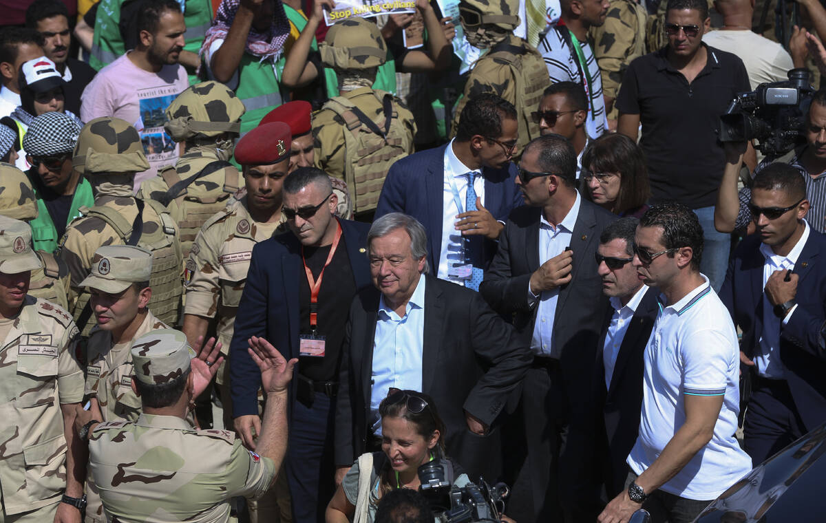 The U.N. Secretary-General Antonio Guterres arrives at the Rafah border crossing, Egypt, Friday ...