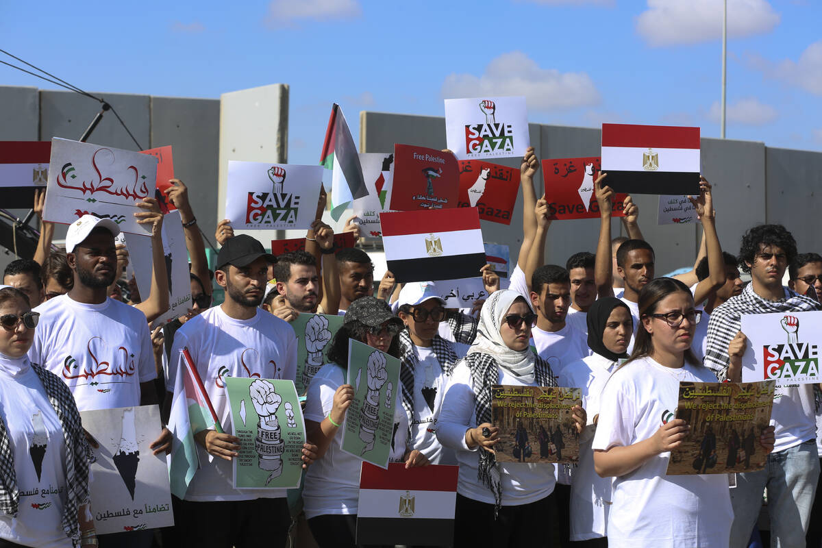 Egyptian rally supports the Gaza Strip as U.N. Secretary-General Antonio Guterres speaks at the ...
