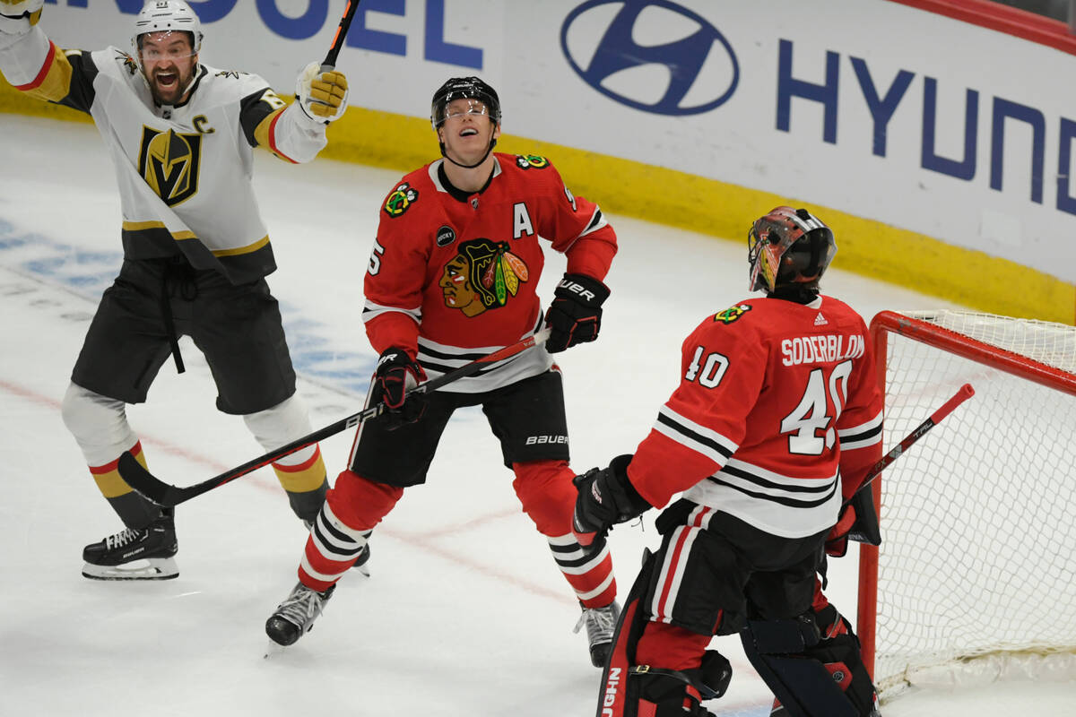 Vegas Golden Knights' Mark Stone (61) celebrates after scoring against Chicago Blackhawks goali ...