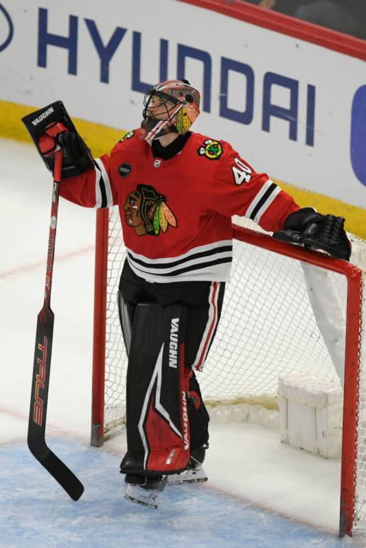 Chicago Blackhawks goalie Arvid Soderblom (40) reacts after giving up a goal to Vegas Golden Kn ...