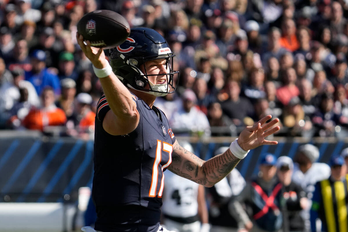 Chicago Bears quarterback Tyson Bagent passes against the Las Vegas Raiders in the first half o ...