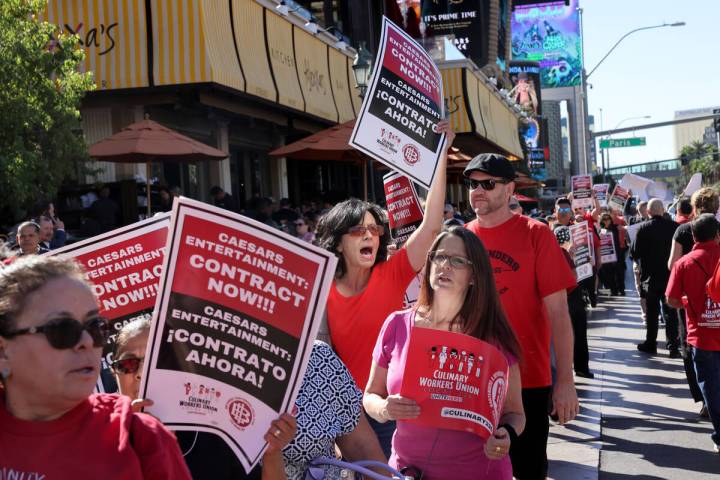 Members of Culinary Local 226 picket in front of Paris Las Vegas on the Strip Thursday, Oct. 12 ...