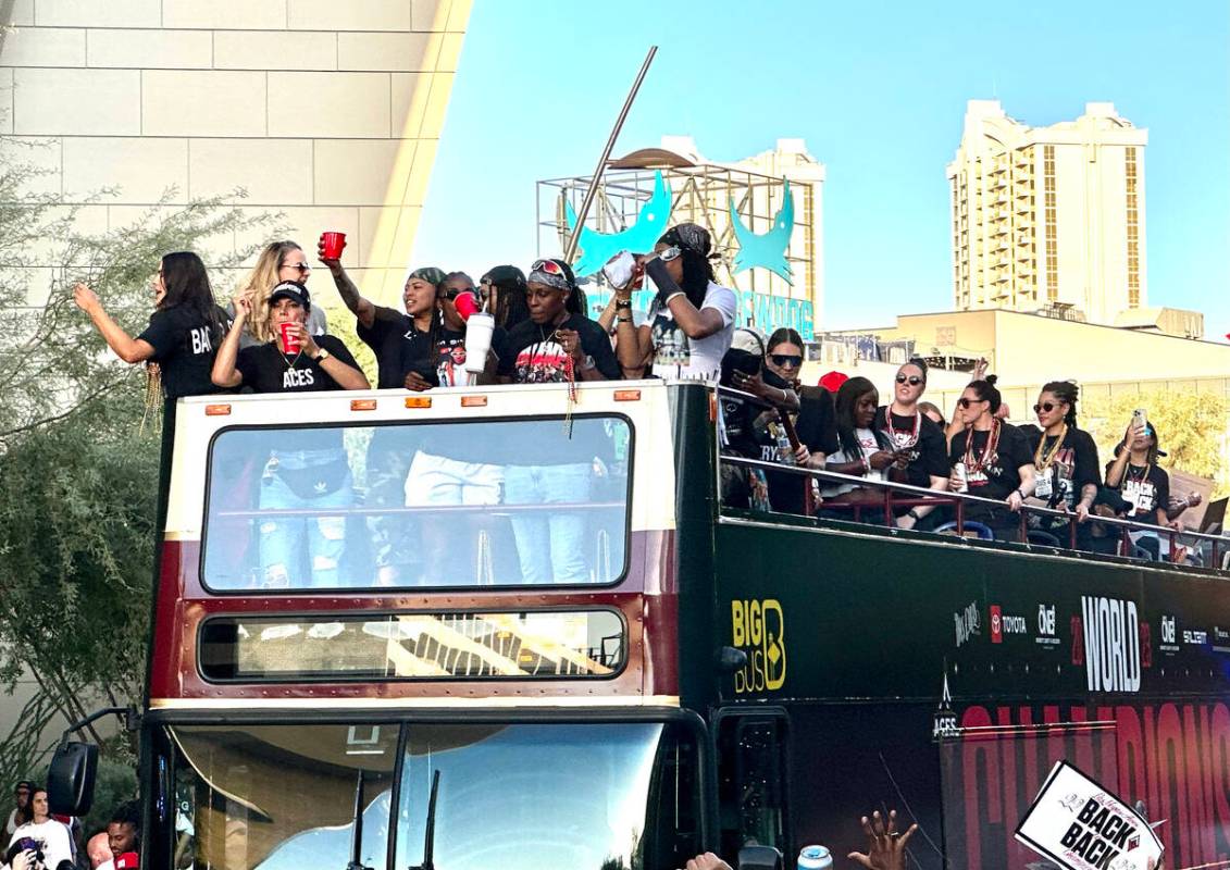 The Las Vegas Aces head up the Las Vegas Strip on their way to a repeat world championship cele ...