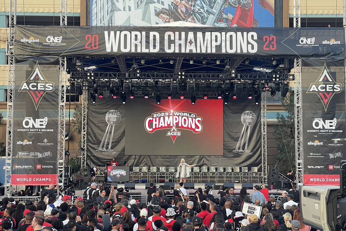 A crowd gathers outside of T-Mobile Arena to celebrate the Las Vegas Aces' 2nd WNBA championshi ...