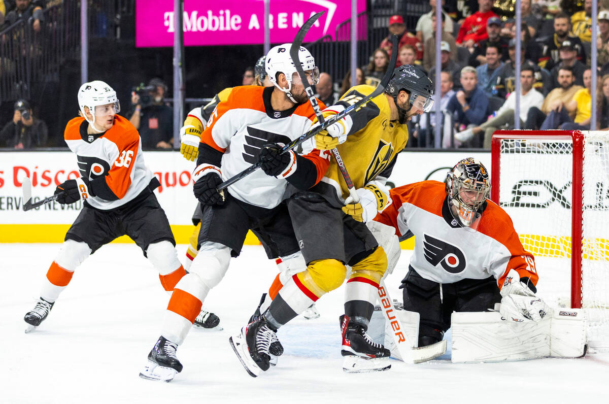 Golden Knights right wing Michael Amadio (22) attempts to score on Philadelphia Flyers goaltend ...