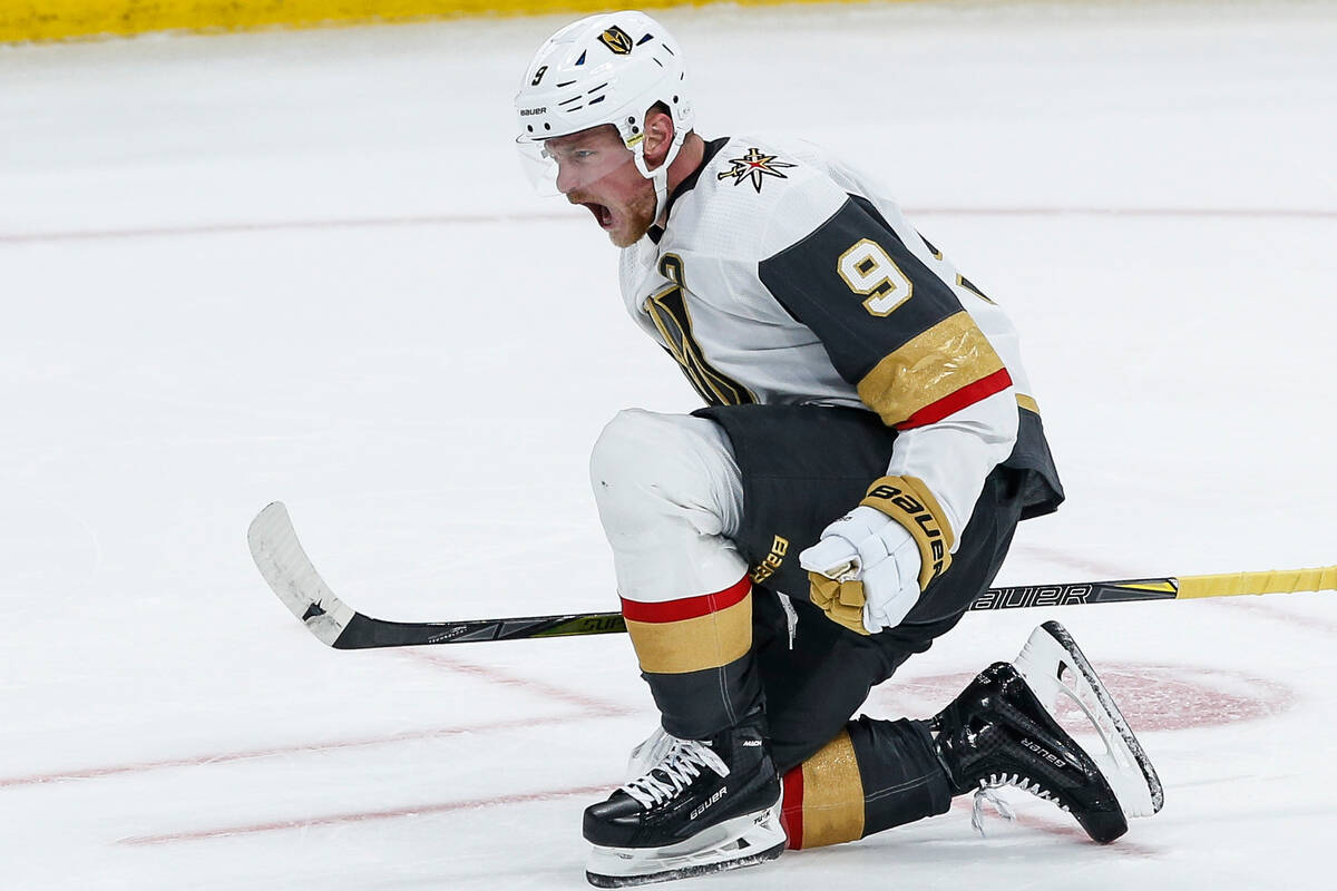 Vegas Golden Knights' Jack Eichel (9) celebrates after his goal against the Winnipeg Jets durin ...