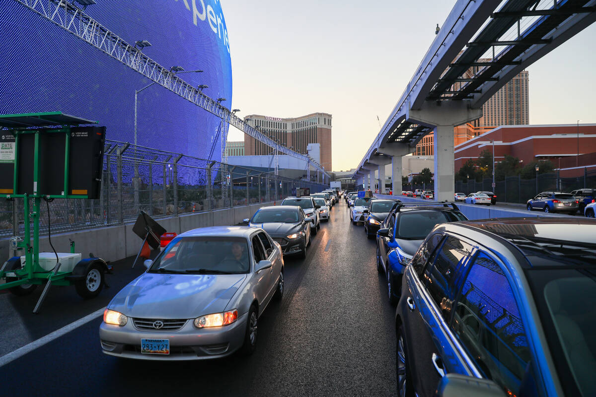 Traffic is backed up on both eastbound and westbound Sands Avenue near the Sphere as constructi ...