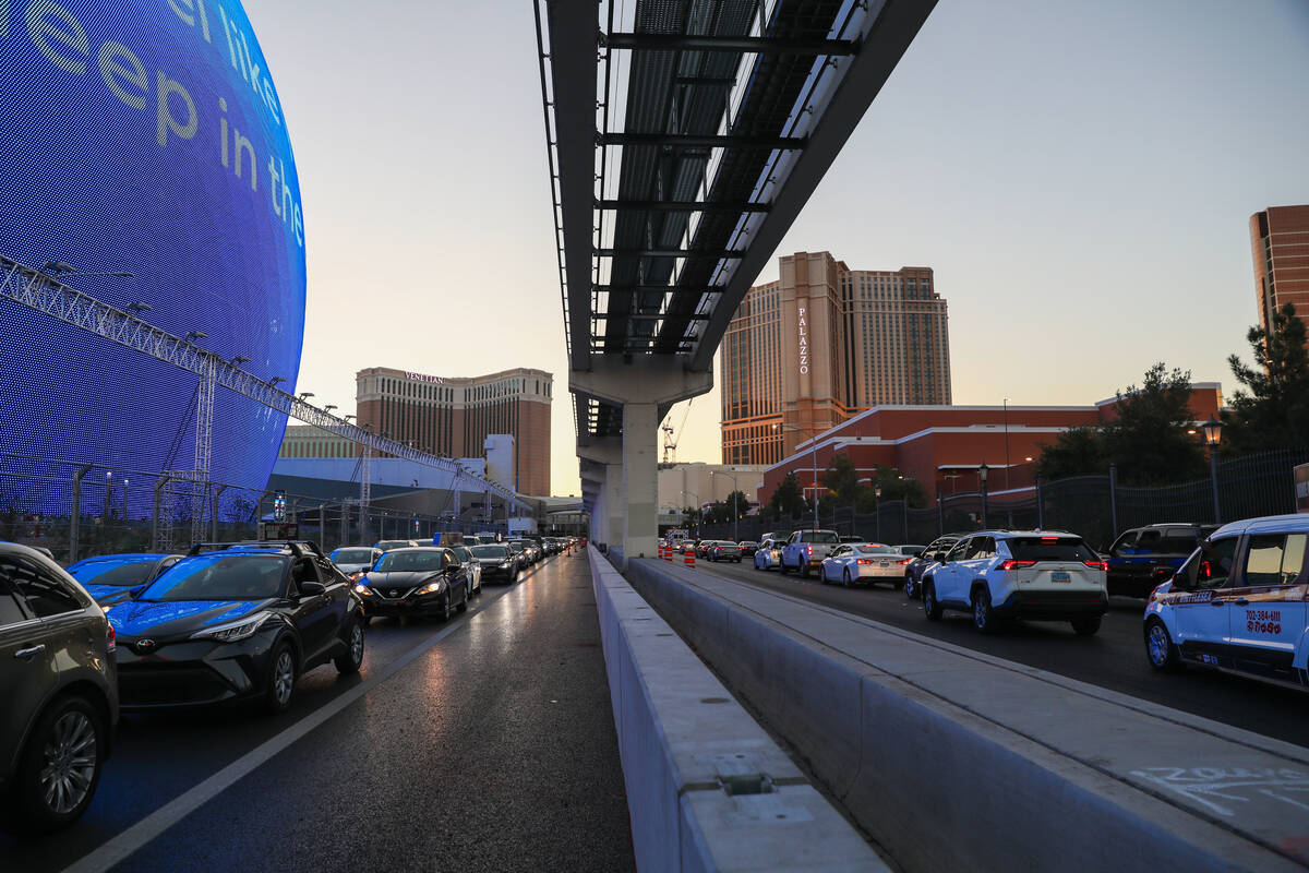 Traffic is backed up on both eastbound and westbound Sands Avenue near the Sphere as constructi ...