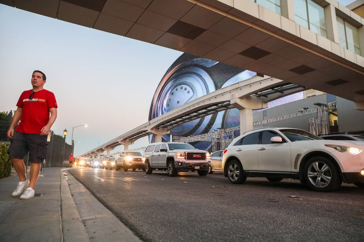 Traffic is backed up on both eastbound and westbound Sands Avenue near the Sphere as constructi ...