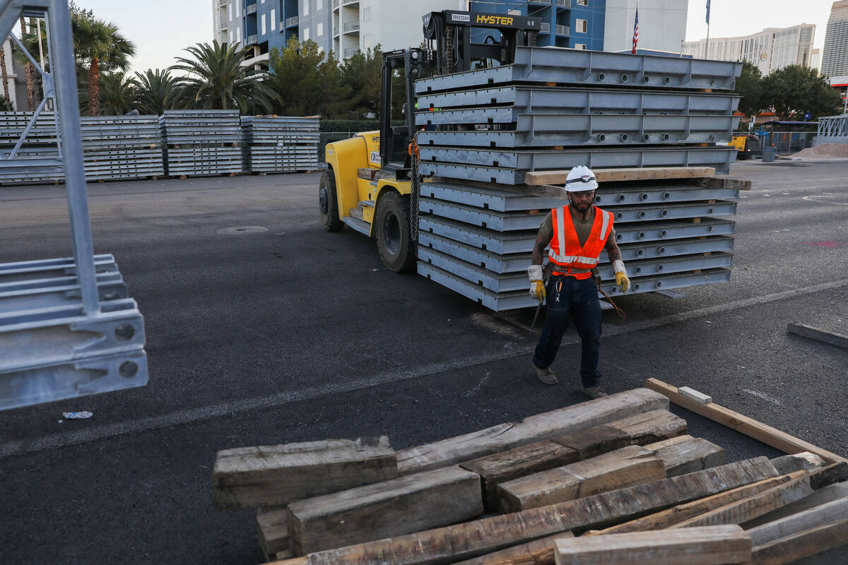 A bridge for the Formula 1 Las Vegas Grand Prix is under construction at the intersection of Fl ...