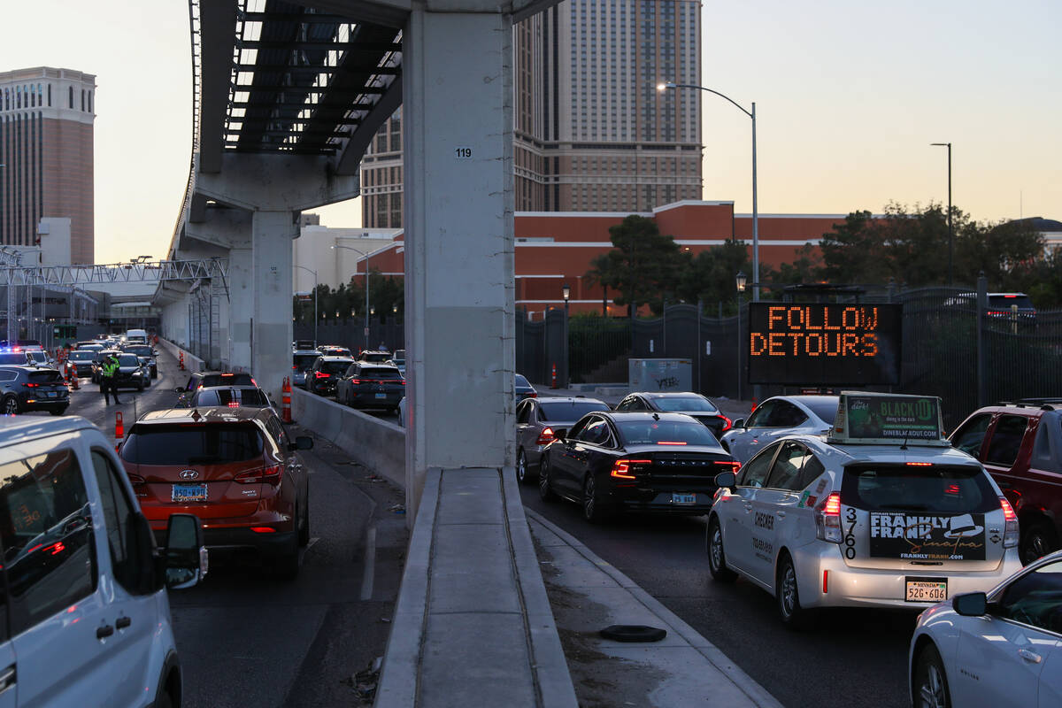 Traffic is backed up on both eastbound and westbound Sands Avenue near the Sphere as constructi ...