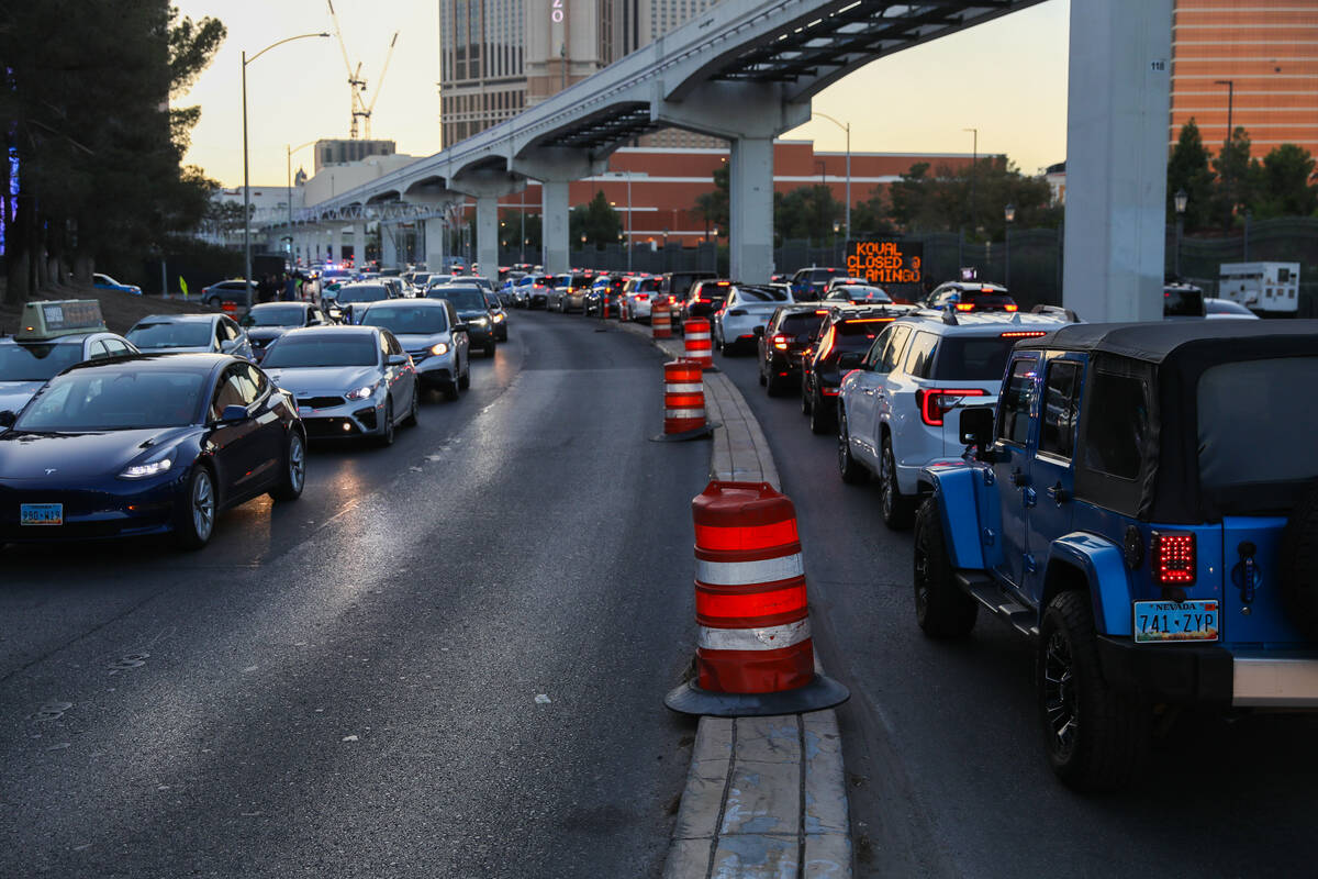 Traffic is backed up on both eastbound and westbound Sands Avenue near the Sphere as constructi ...