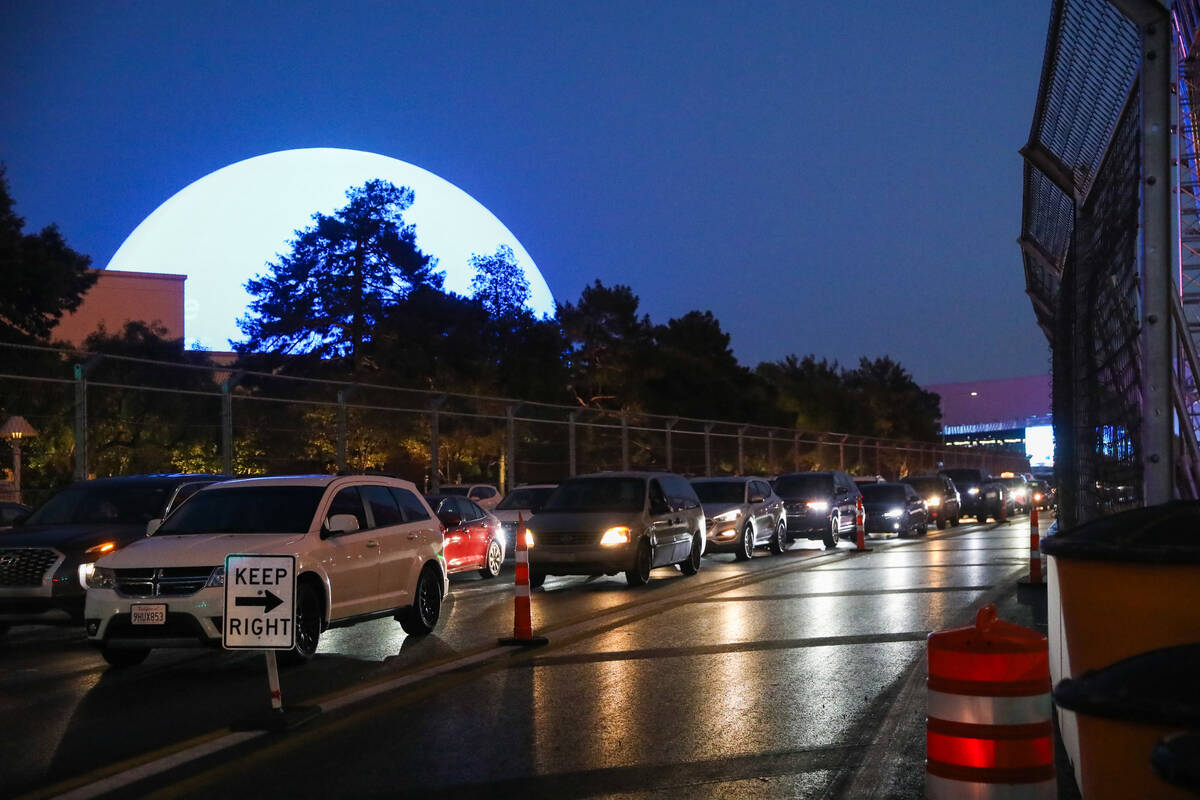 Traffic is backed up on both eastbound and westbound Sands Avenue near the Sphere as constructi ...