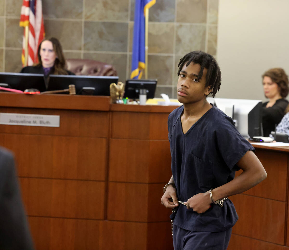 Jzamir Keys, 16, arrives in court at the Regional Justice Center in Las Vegas Tuesday, Oct. 24, ...