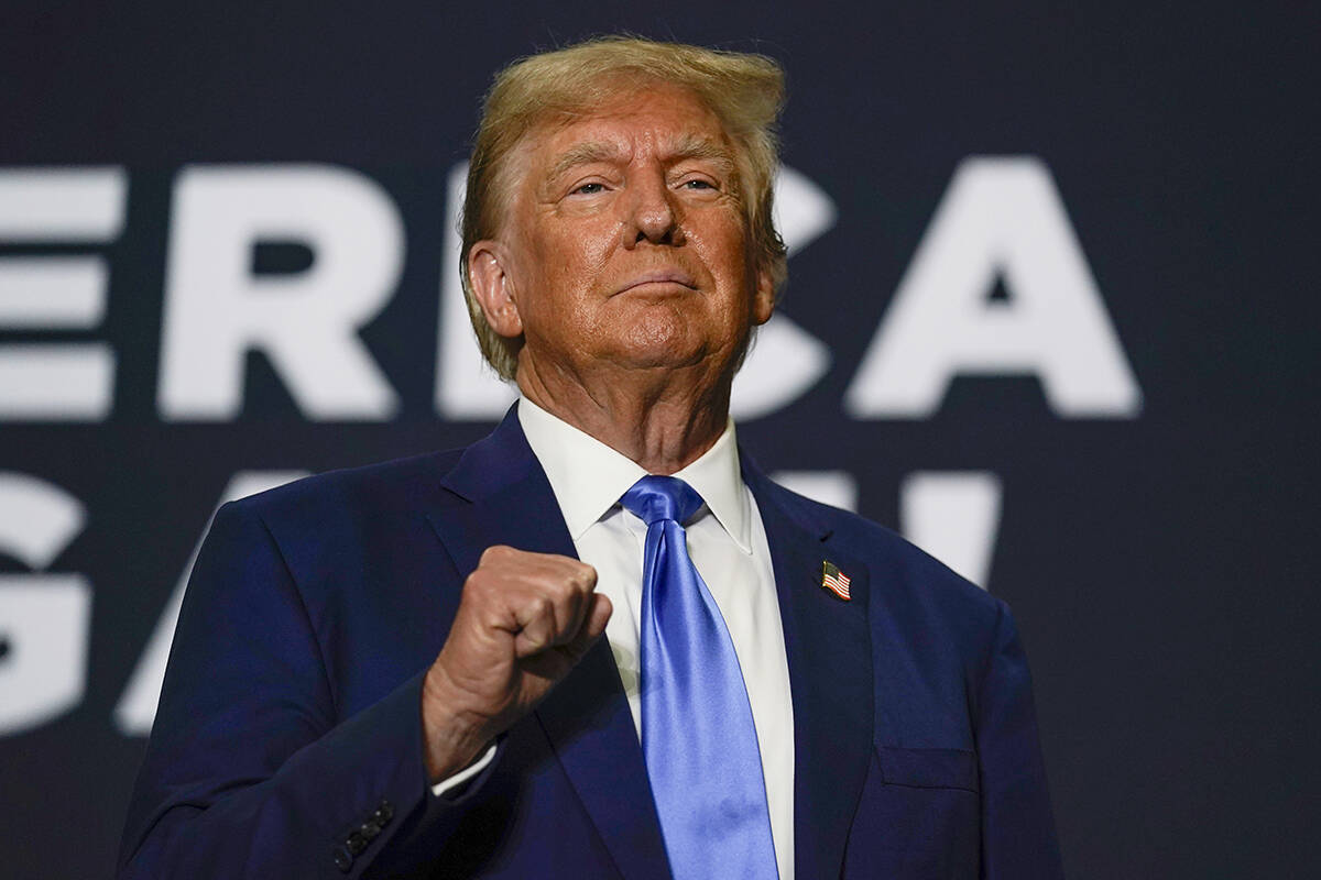 Republican presidential candidate former President Donald Trump arrives to speak at a campaign ...