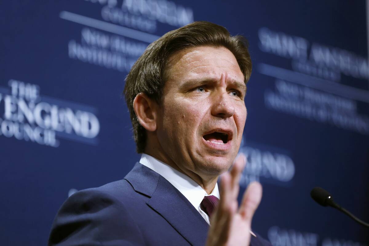 Florida Gov. Ron DeSantis, speaks during the Politics & Eggs program at Saint Anselm College, F ...