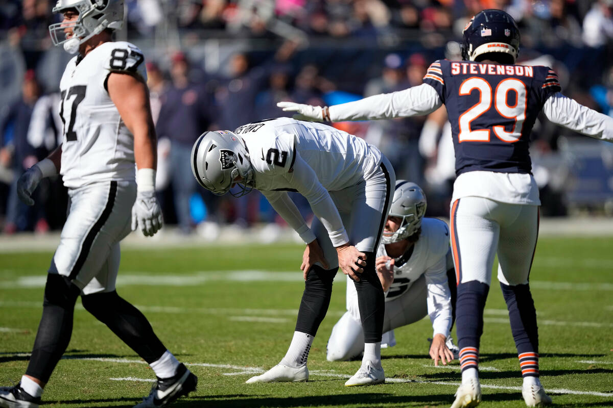 Las Vegas Raiders place kicker Daniel Carlson (2) reacts to missing a 41-yard field goal agains ...